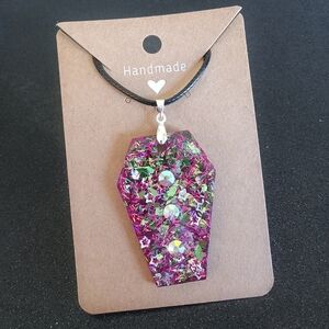 Purple green silver star glitter coffin pendant on black cord necklace Halloween